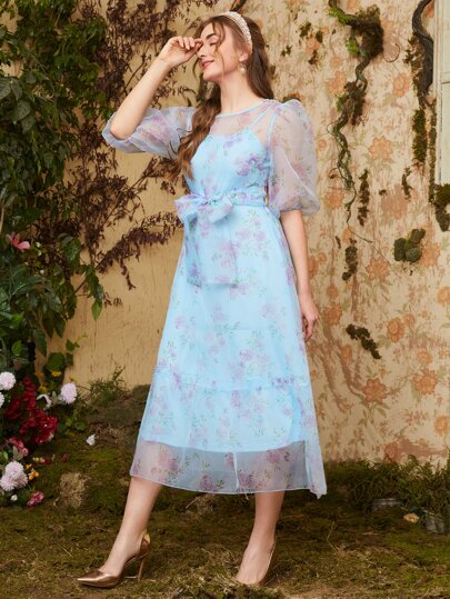 Modelyn Puff Sleeve Self Belted Floral Organza Dress