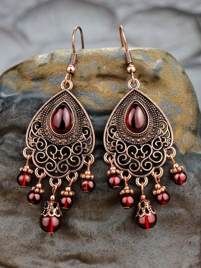 Red Color Hollow Out Drop Earrings For Daily