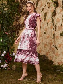 Mulvari Ruffle Trim Floral Top & Skirt Set - Multicolor - View 5