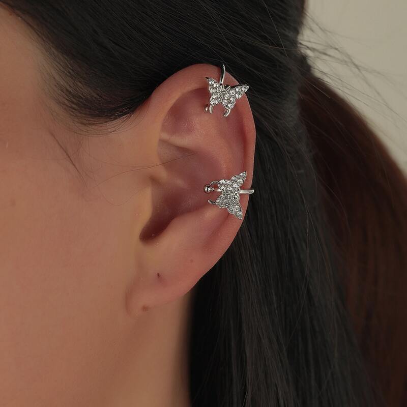 

2pcs Rhinestone Butterfly Ear Cuff, Silver