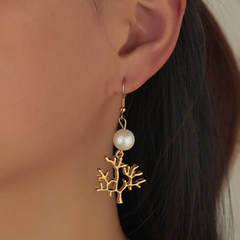 

Faux Pearl & Tree Drop Earrings, Gold