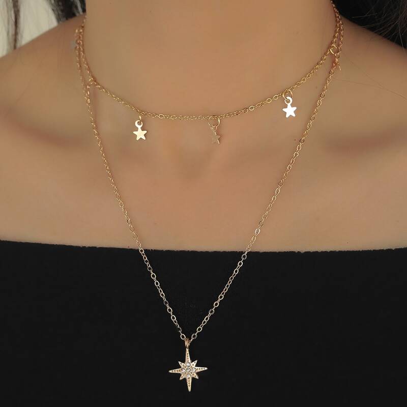 

Rhinestone Star Charm Layered Necklace, Gold