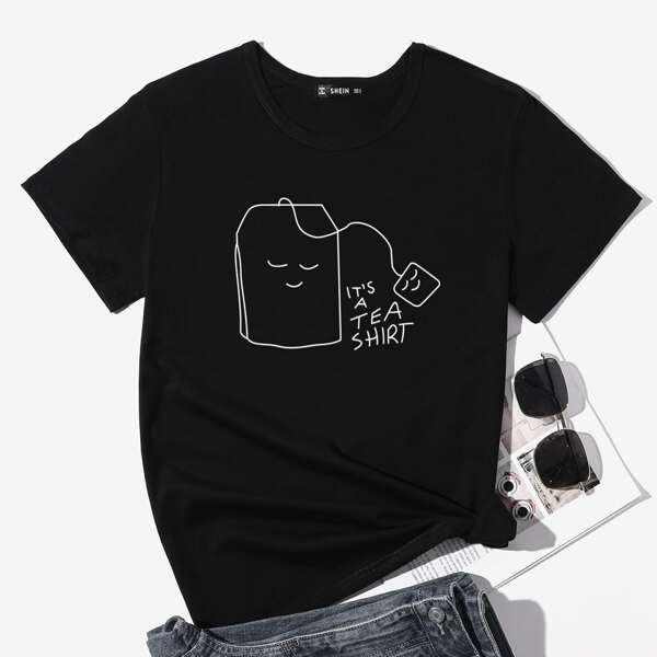 

Cartoon & Slogan Graphic Tee, Black