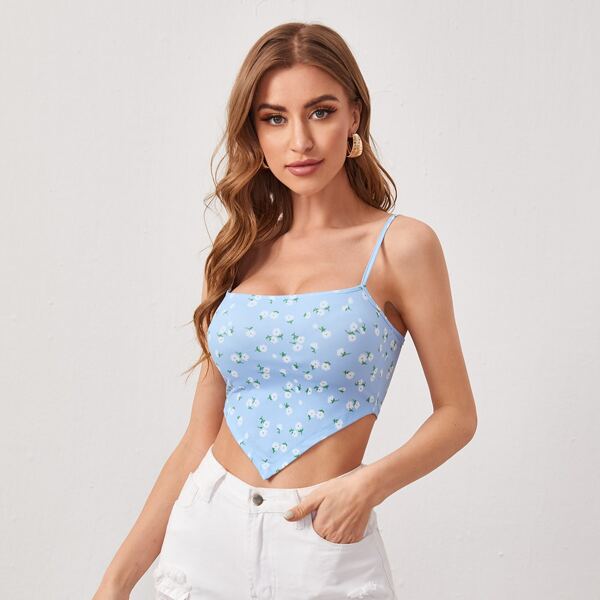 

Asymmetrical Hem Ditsy Floral Crop Cami Top, Baby blue