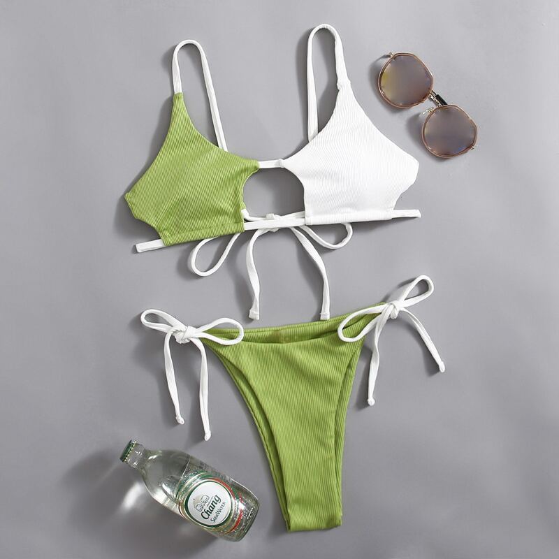 

Two Tone Tie Side Bikini Swimsuit, Multicolor