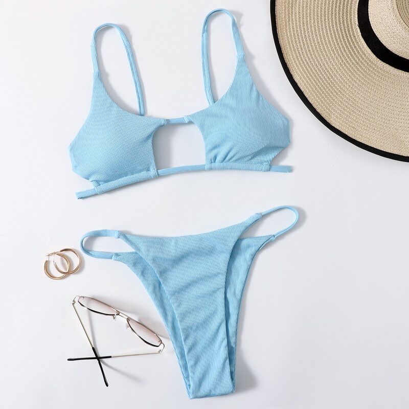 

Cut-out Thong Bikini Swimsuit, Baby blue