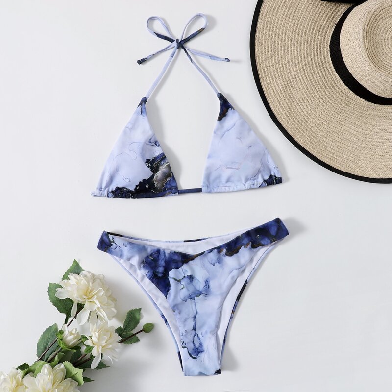 

Marble Pattern Halter Bikini Swimsuit, Multicolor