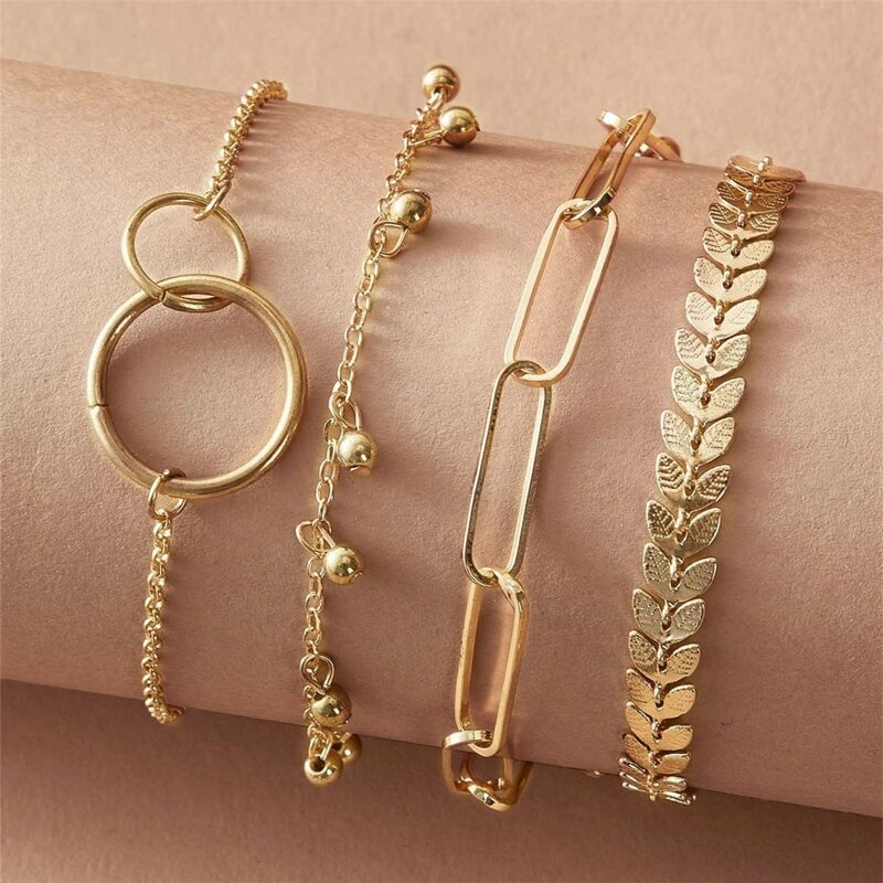 

4pcs Chevron & Ring Bracelet Set, Gold