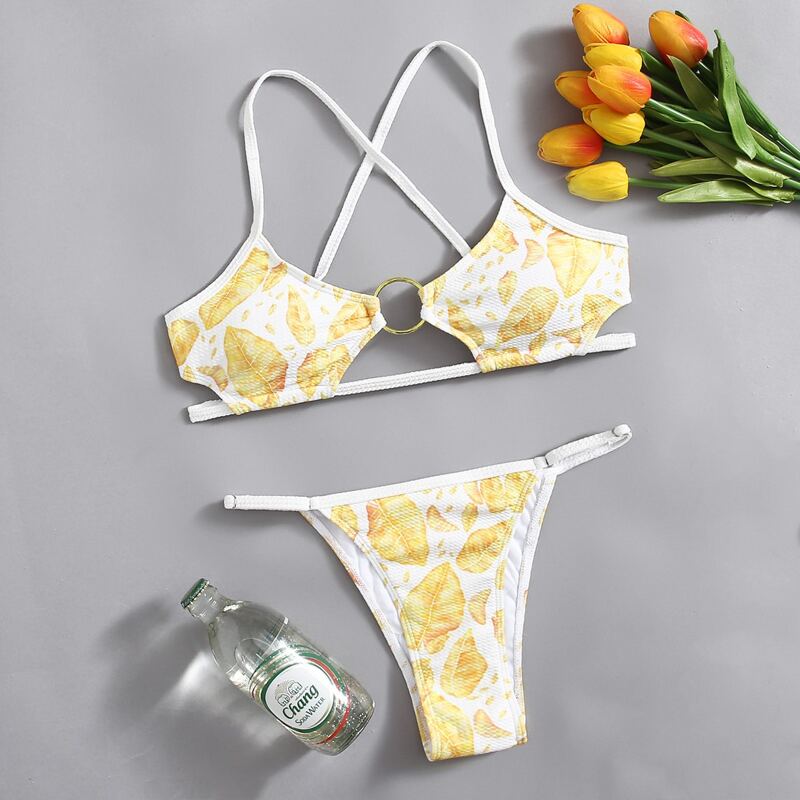 

Leaf Print Ring Decor Bikini Swimsuit, Yellow