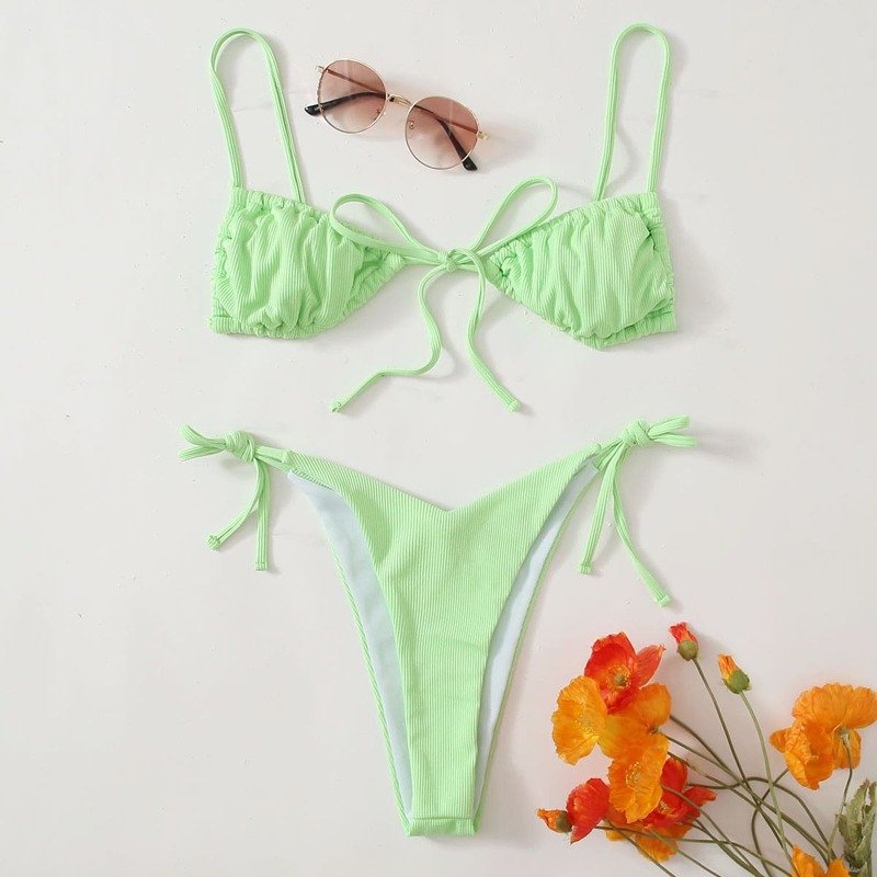 

Ruched Tie Side Thong Bikini Swimsuit, Green