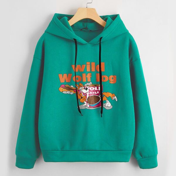 

Letter and Cartoon Graphic Thermal Hoodie, Green