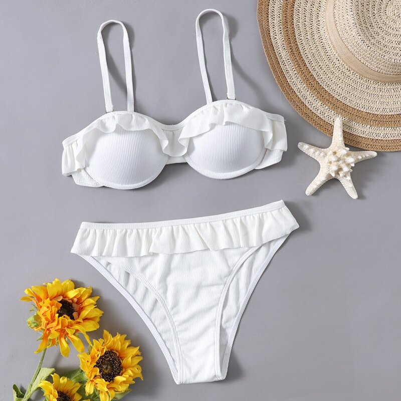 

Frill Trim Underwire Bikini Swimsuit, White