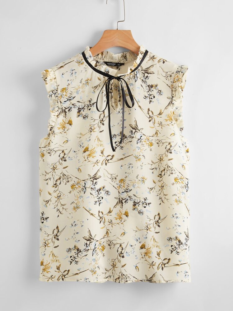 SHEIN VCAY 大碼褶邊繫帶領花卉上衣 - 彩色 - 查看 1