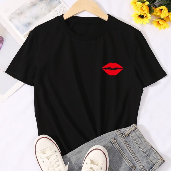 

Mouth Print Round Neck Tee, Black