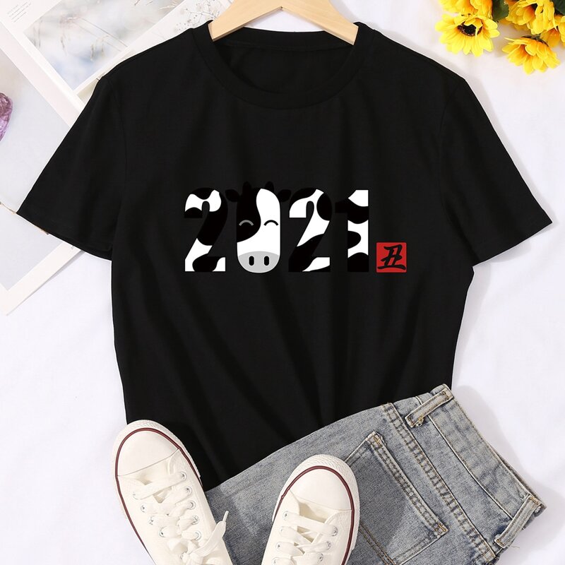 

Cow Print Number Chinese Letter Graphic Tee, Black