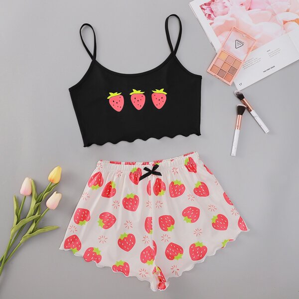 

Strawberry Print Cami Pajama Set, Multicolor