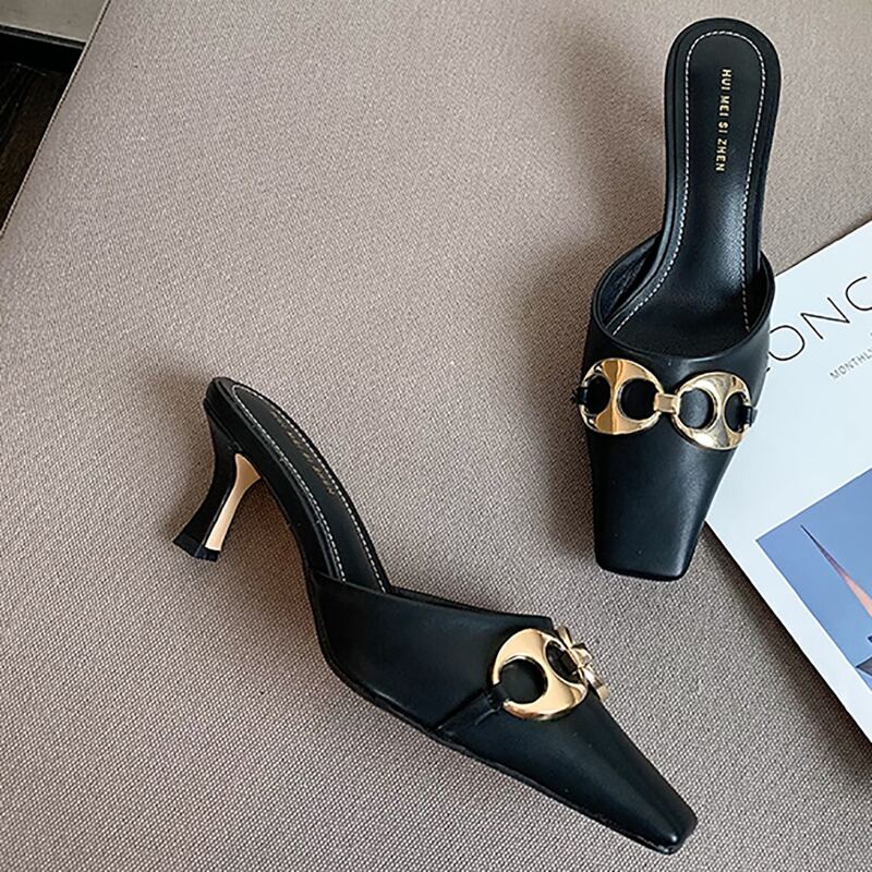 

Metal Decor Stiletto Heeled Mules, Black