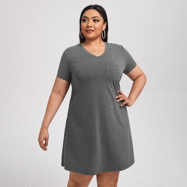 

Plus V-neck Pocket Front Dress, Grey