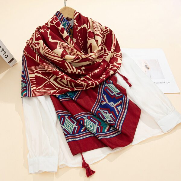 

Geo Pattern Tassel Hem Scarf, Burgundy