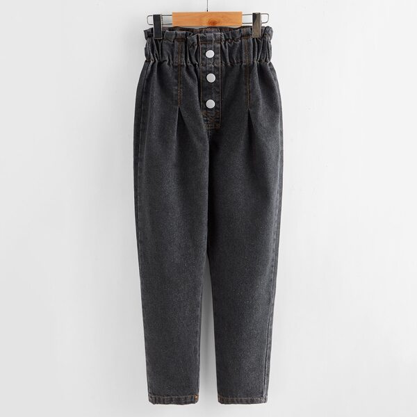 

Girls Paperbag Waist Button Front Jeans, Black