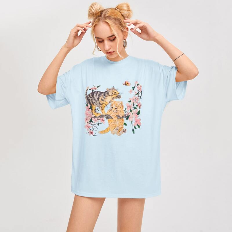 

Cat & Flower Print Oversized Tee, Baby blue