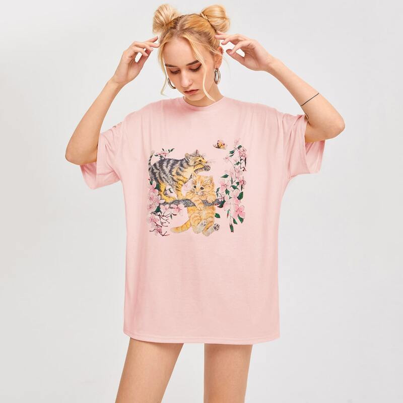

Cat & Flower Print Oversized Tee, Baby pink