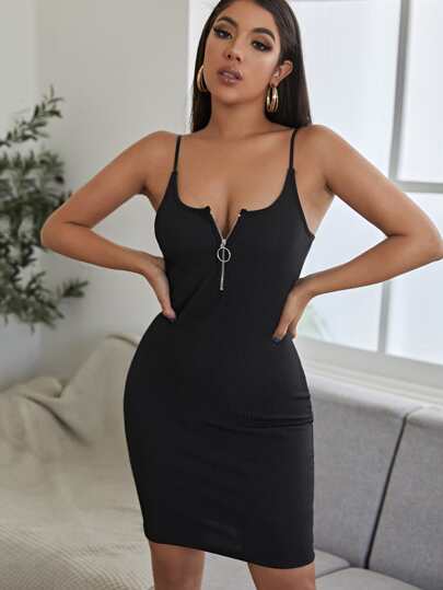 O-ring Zipper Front Rib-knit Cami Bodycon Dress