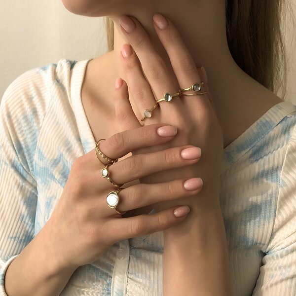 

8pcs Stone Decor Ring, Gold