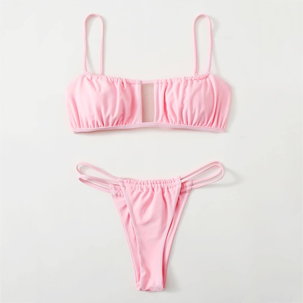 

Ruched Cut-out Thong Bikini Swimsuit, Pink