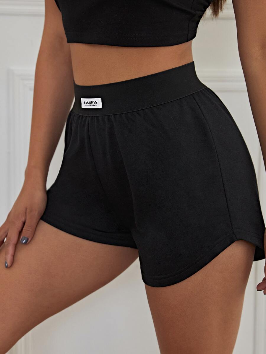 SHEIN EZwear Letter Patched Track Shorts - Black - View 1