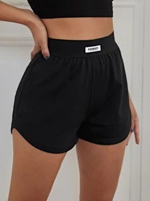 SHEIN EZwear Letter Patched Track Shorts - Black - View 3