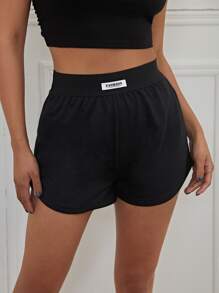 SHEIN EZwear Letter Patched Track Shorts - Black - View 5