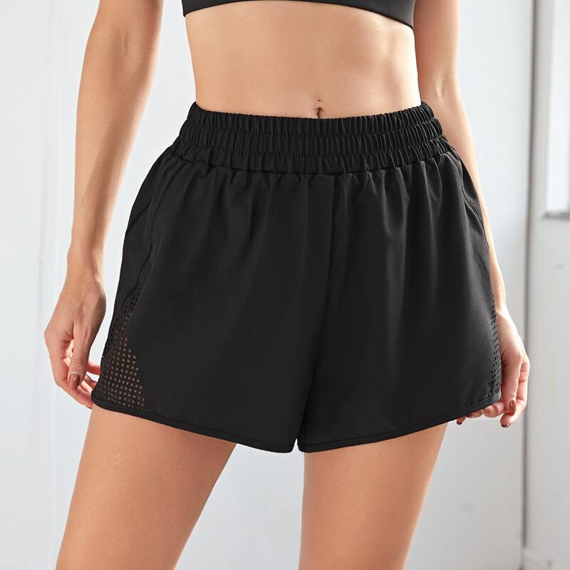 

Eyelet Cut Out Solid Sports Shorts, Black