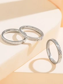 時尚流行3件套男士簡約戒指不銹鋼適合珠寶禮物和時尚外觀 - 銀色 - 查看 2