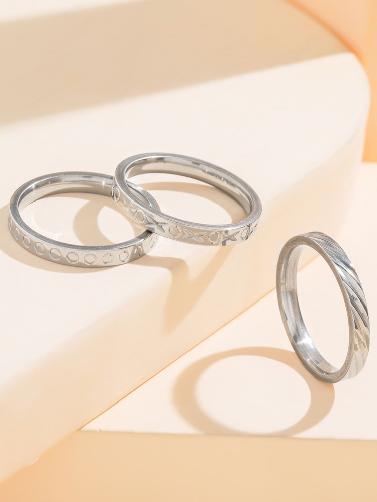 時尚流行3件套男士簡約戒指不銹鋼適合珠寶禮物和時尚外觀 - 銀色 - 查看 2