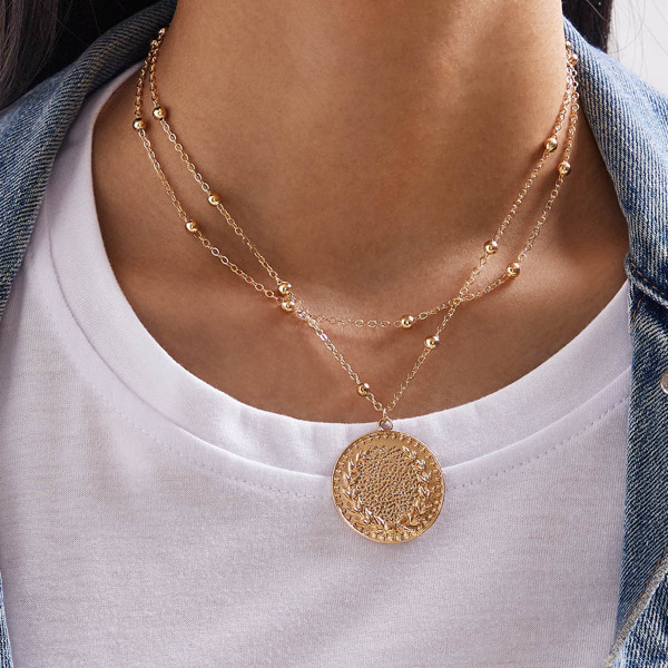 

Textured Round Layered Pendant Necklace, Gold