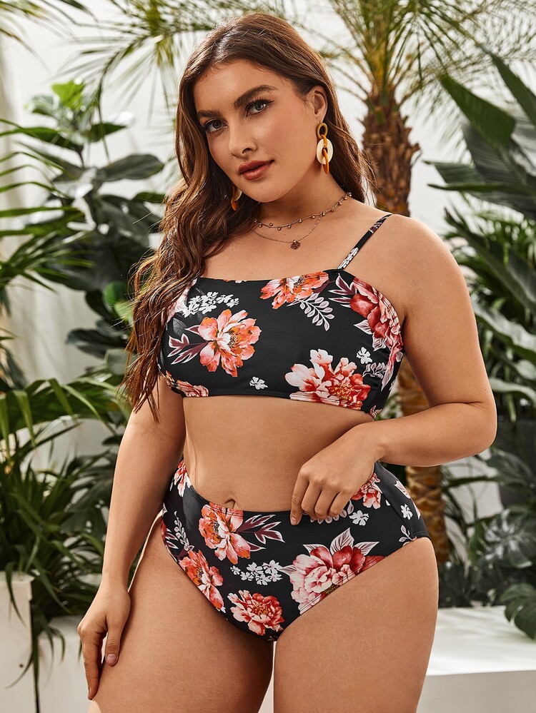 Plus Size Floral Graphic High Waisted Bikini Set Summer Beach - Multicolor - View 3