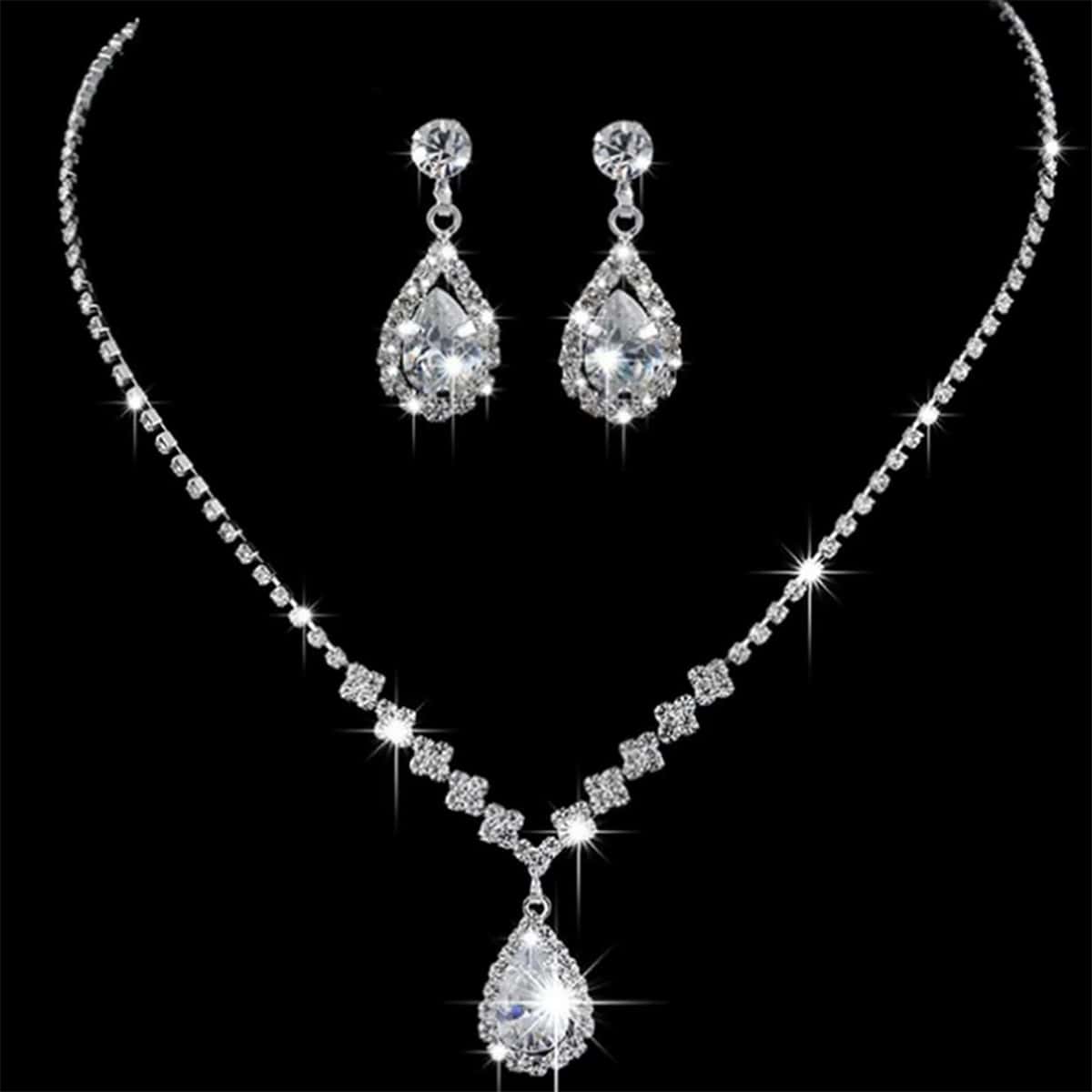 

3pcs Rhinestone Water Drop Jewelry Set, Silver
