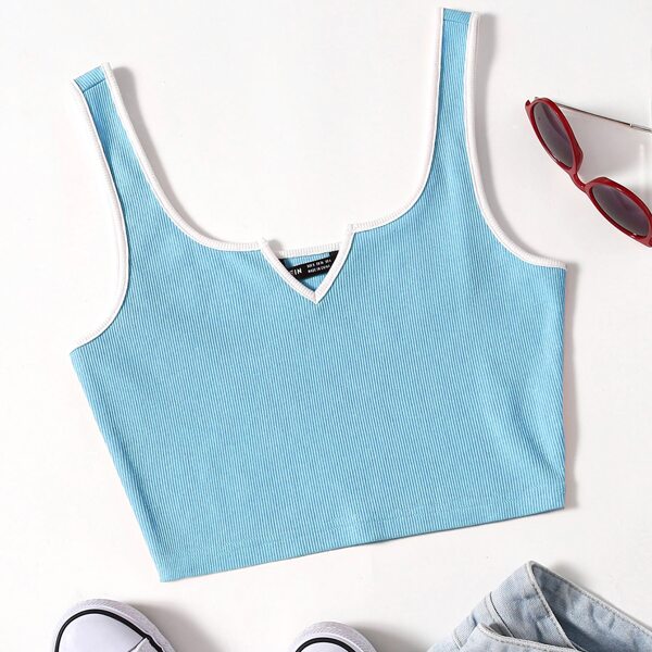 

Notch Neck Ringer Tank Top, Baby blue