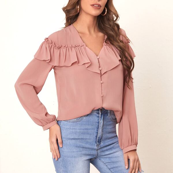 

Ruffle Trim Button Up Solid Blouse, Dusty pink