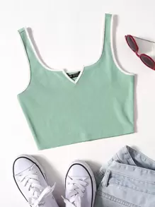 SHEIN EZwear اعلى الخزان مخطط بياقة مدببة - أخضر نعناع - مشاهدة 1