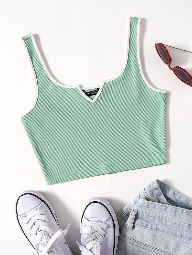 SHEIN EZwear 缺口領鑲邊背心上衣 - 薄荷綠 - 查看 1