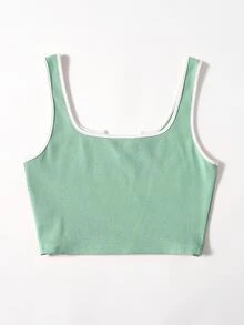 SHEIN EZwear اعلى الخزان مخطط بياقة مدببة - أخضر نعناع - مشاهدة 2