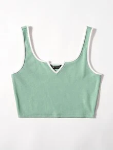 SHEIN EZwear اعلى الخزان مخطط بياقة مدببة - أخضر نعناع - مشاهدة 3