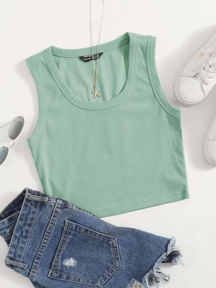 SHEIN EZwear Scoop Neck Solid Tank Top - Mint Green - View 1