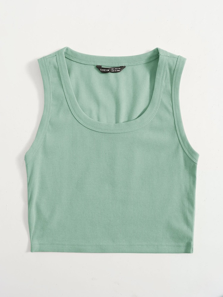SHEIN EZwear Scoop Neck Solid Tank Top - Mint Green - View 3