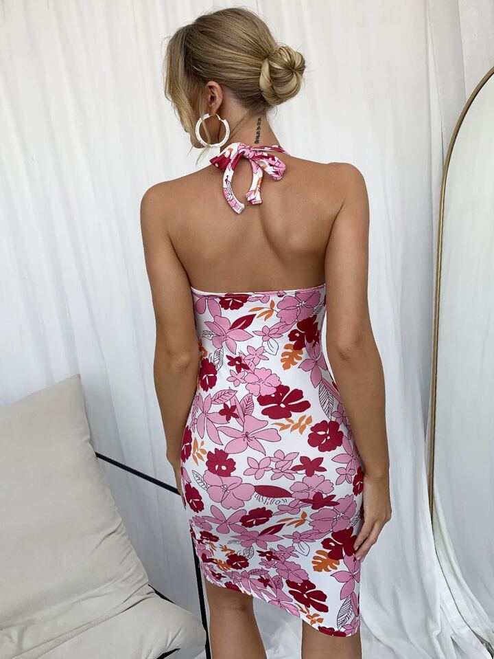 halter neck open back floral bodycon dress Cipriana Backless Halter Maxi Dress Floral Pink main image 0