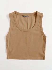 SHEIN EZwear 大圓領素色背心上衣 - 卡其色 - 查看 3