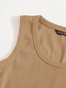 SHEIN EZwear 大圓領素色背心上衣 - 卡其色 - 查看 5
