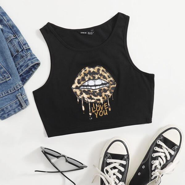 

Slogan & Leopard Lip Print Tank Top, Black